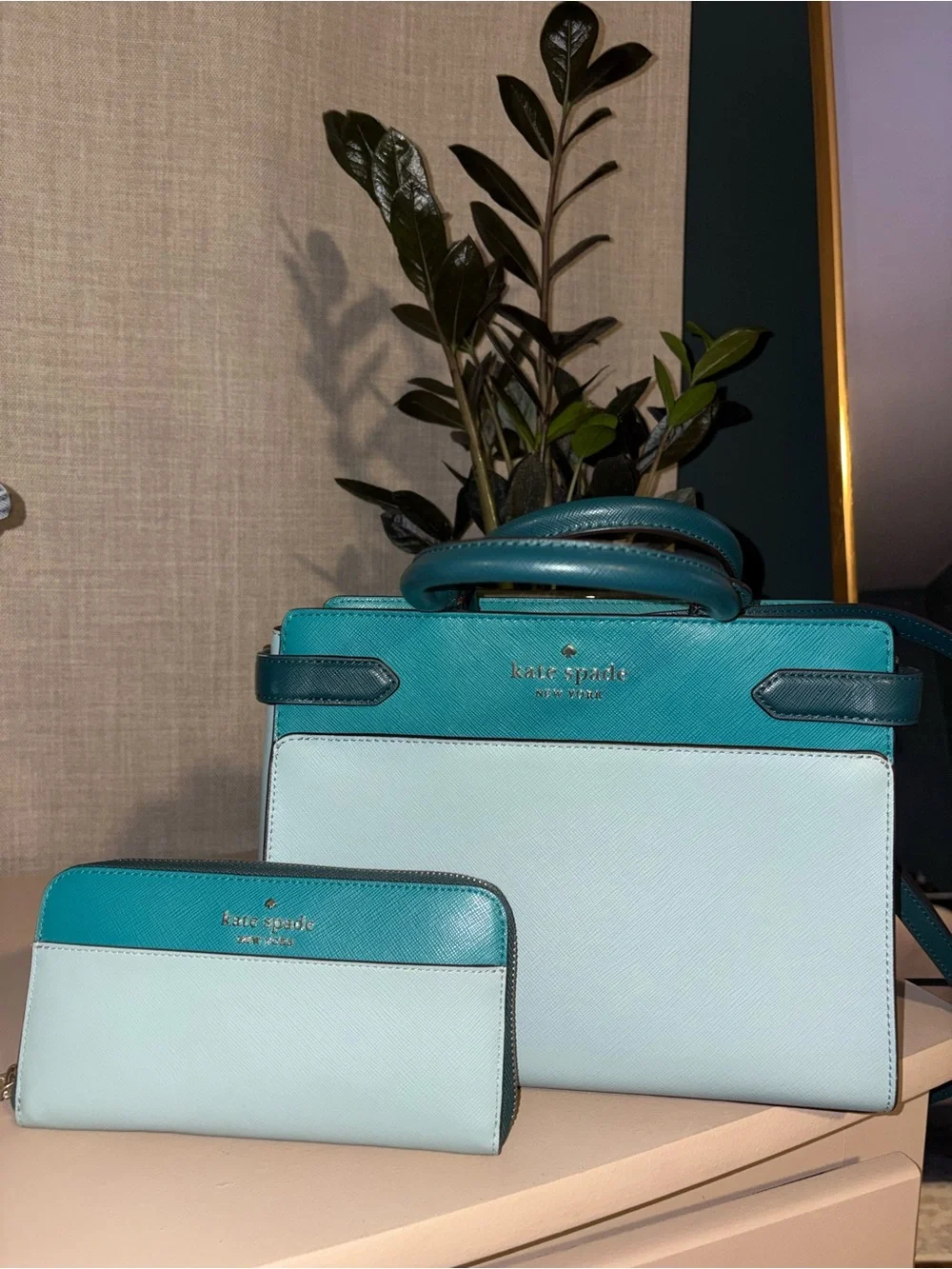 kate spade Two-Tone Teal & Light Blue Satchel with Matching Wallet
